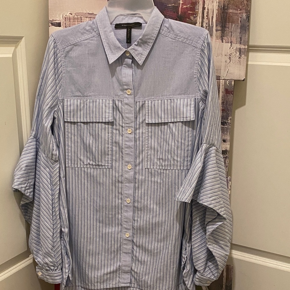 BCBGMaxAzria Blue Striped Button Down Shirt